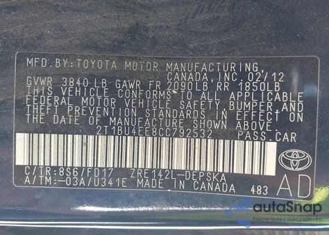 2012 Toyota Corolla S from USA, damaged, VIN 2T1BU4EE8CC792532